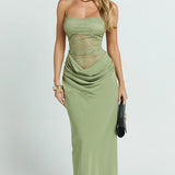 VESTIDO MAXI ACETINADO COM CORPETE DE RENDA
