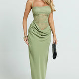 VESTIDO MAXI ACETINADO COM CORPETE DE RENDA
