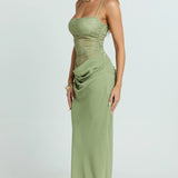 VESTIDO MAXI ACETINADO COM CORPETE DE RENDA