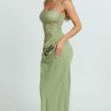 VESTIDO MAXI ACETINADO COM CORPETE DE RENDA
