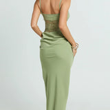 VESTIDO MAXI ACETINADO COM CORPETE DE RENDA