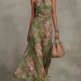 Florine™ | Vestido Maxi Verde com Estampa Floral