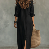 Soline™ | Vestido maxi negro folgado com botões