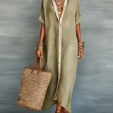 Manelle | Vestido maxi verde oliva com linha minimalista