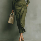 Noëlle™ | Vestido maxi em verde militar