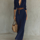 Juline™ | Vestido Maxi de aspecto camurça com gola