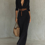 Juline™ | Vestido Maxi de aspecto camurça com gola