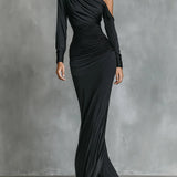 Célina™ | Vestido maxi satinado de um só ombro em preto