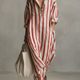Camisa casual às riscas e vestido maxi de estilo boémio