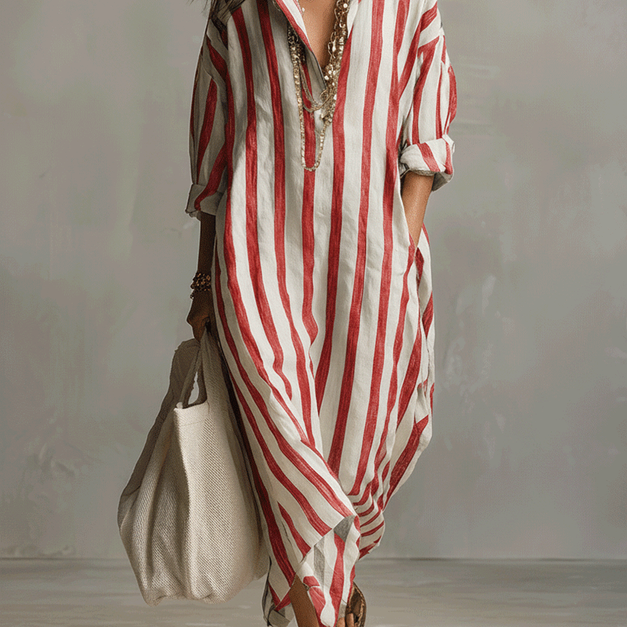 Camisa casual às riscas e vestido maxi de estilo boémio