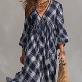 Vestido maxi fluido de estilo francês, azul marinho a quadrados, de corte relaxado