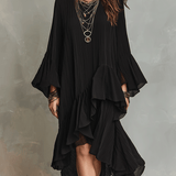 Elegante vestido midi boémio negro assimétrico com pregas