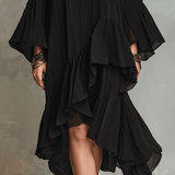 Elegante vestido midi boémio negro assimétrico com pregas