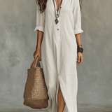 Vestido maxi boémio negro com botões na parte da frente