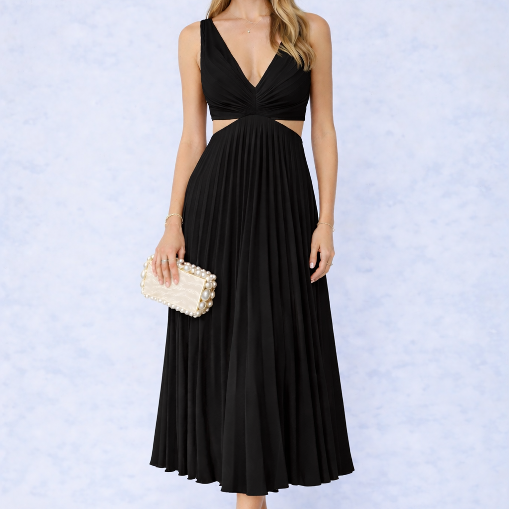 VESTIDO MIDI PLISSADO COM DECOTE CRUZADO