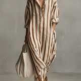 Camisa casual às riscas e vestido maxi de estilo boémio