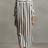 Camisa casual às riscas e vestido maxi de estilo boémio