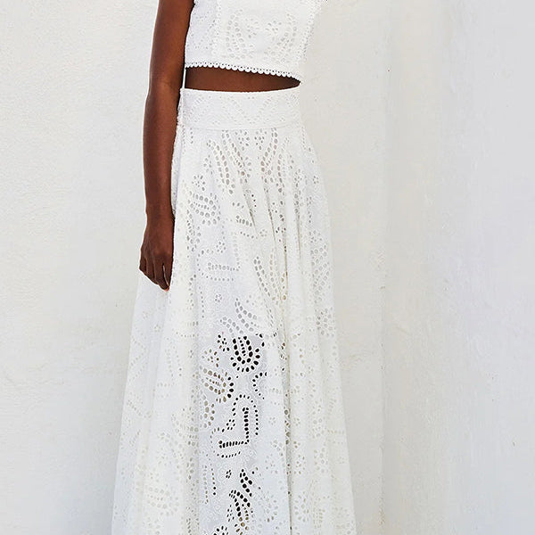 Conjunto Larissa™ de Top Bordado e Saia Maxi de Cintura Alta