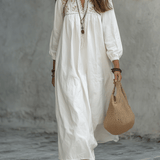 Vestido maxi branco boémio com bordado de flores e mangas balão