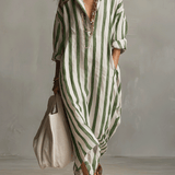 Camisa casual às riscas e vestido maxi de estilo boémio