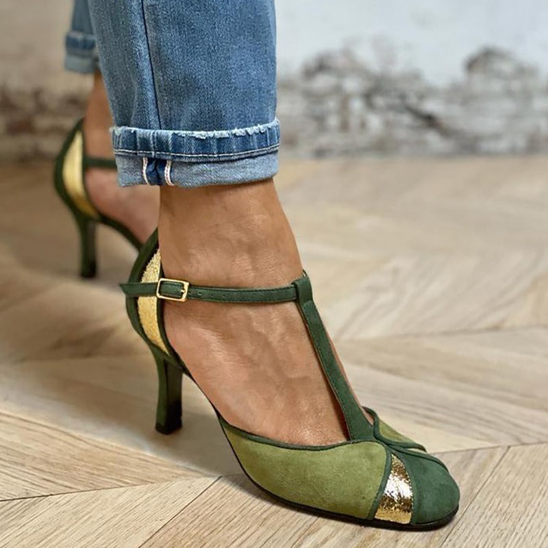 Taviana - Sapatos de salto em patchwork com tira em T e biqueira fechada