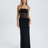 VESTIDO COMPRIDO COM PAINEL DE RENDA E CORTE AJUSTADO