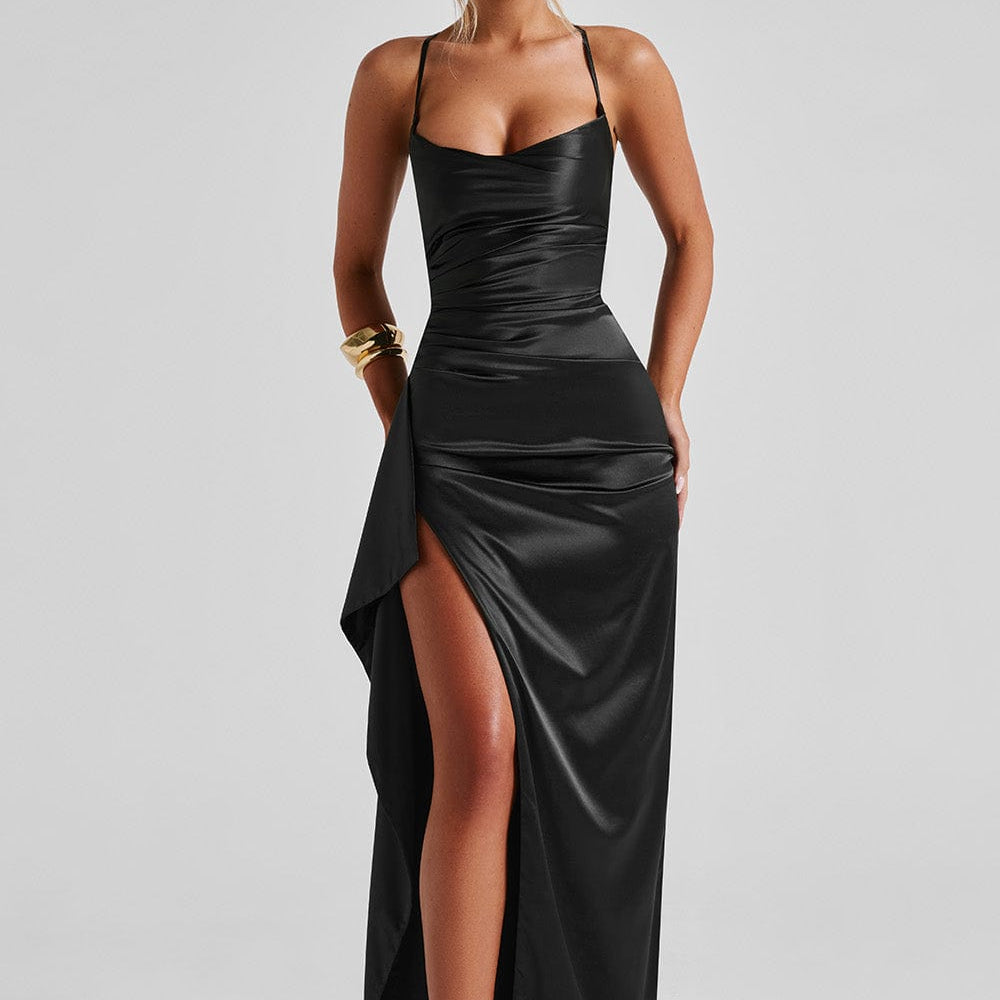 VESTIDO COMPRIDO ACETINADO COM ABERTURA