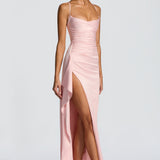 VESTIDO COMPRIDO ACETINADO COM ABERTURA