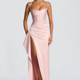 VESTIDO COMPRIDO ACETINADO COM ABERTURA
