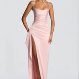VESTIDO COMPRIDO ACETINADO COM ABERTURA