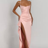VESTIDO COMPRIDO ACETINADO COM ABERTURA