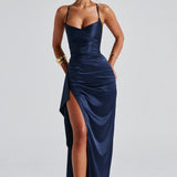 VESTIDO COMPRIDO ACETINADO COM ABERTURA