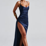 VESTIDO COMPRIDO ACETINADO COM ABERTURA