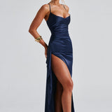 VESTIDO COMPRIDO ACETINADO COM ABERTURA