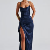 VESTIDO COMPRIDO ACETINADO COM ABERTURA