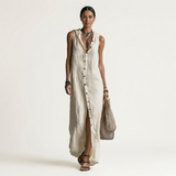 Mirabell | Vestido Maxi Sem Mangas com Botões e Capuz