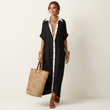 Kamira | Vestido Camisola Maxi de Manga Curta com Colarinho em Contraste