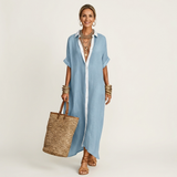 Kamira | Vestido Camisola Maxi de Manga Curta com Colarinho em Contraste