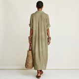 Kamira | Vestido Camisola Maxi de Manga Curta com Colarinho em Contraste