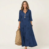 Mariam | Vestido Maxi de Algodão-Linho com Bordado Floral Tonal