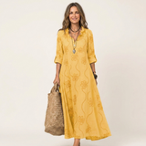 Mariam | Vestido Maxi de Algodão-Linho com Bordado Floral Tonal