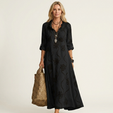 Mariam | Vestido Maxi de Algodão-Linho com Bordado Floral Tonal