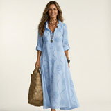 Mariam | Vestido Maxi de Algodão-Linho com Bordado Floral Tonal