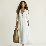 Mariam | Vestido Maxi de Algodão-Linho com Bordado Floral Tonal
