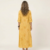 Mariam | Vestido Maxi de Algodão-Linho com Bordado Floral Tonal