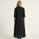 Mariam | Vestido Maxi de Algodão-Linho com Bordado Floral Tonal