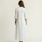 Mariam | Vestido Maxi de Algodão-Linho com Bordado Floral Tonal