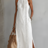 Jimena | Vestido Midi Relaxado com Gola Mandarim Bordada