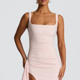 VESTIDO COMPRIDO ACETINADO COM DECOTE QUADRADO E ABERTURA