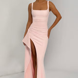 VESTIDO COMPRIDO ACETINADO COM DECOTE QUADRADO E ABERTURA